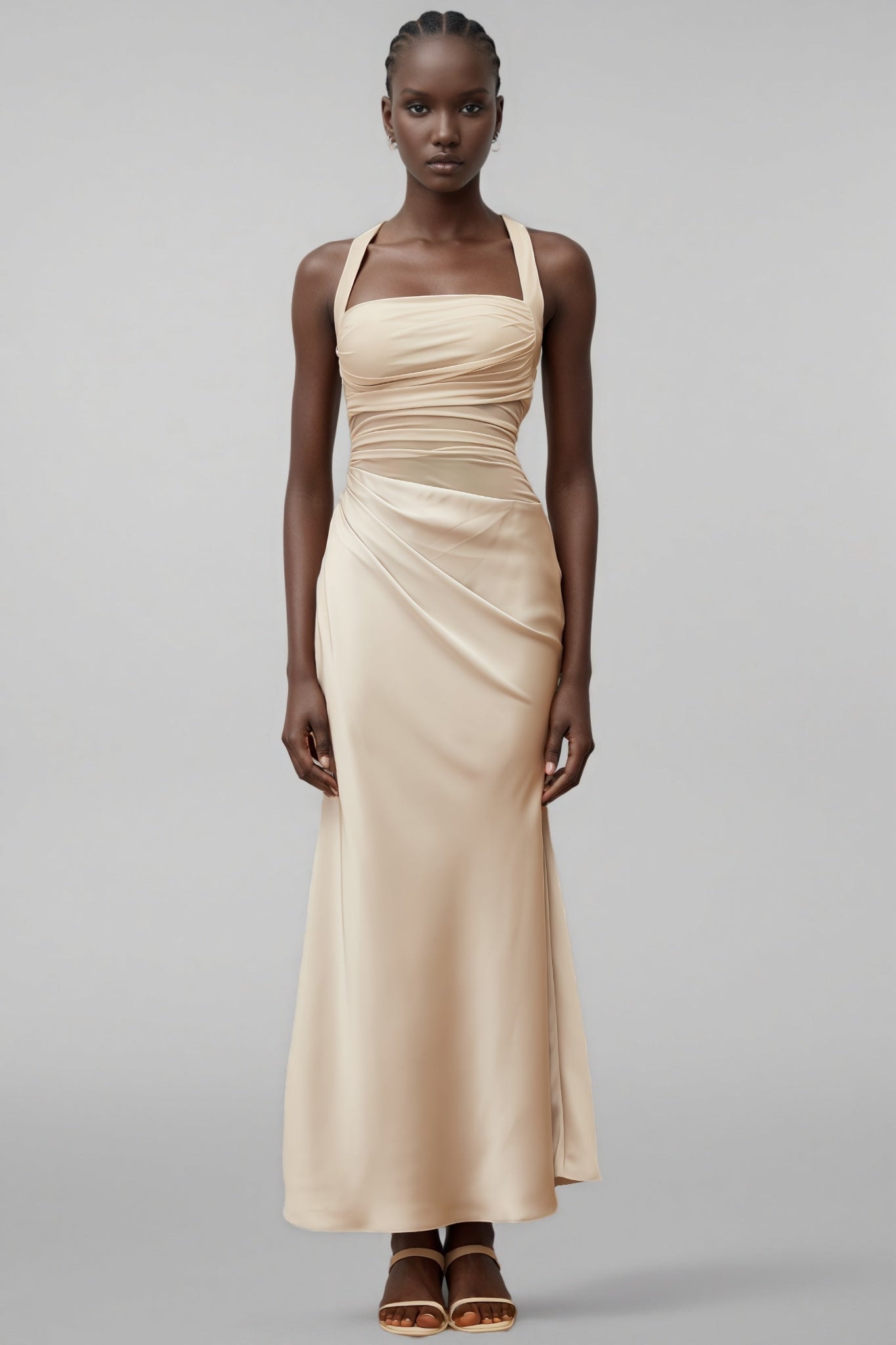 Freja Grey Mesh Panel Ruched Maxi Dress