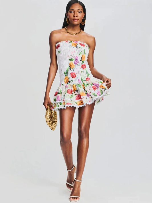 Ruched Stretch Bustier Lace-trim Mini Dress