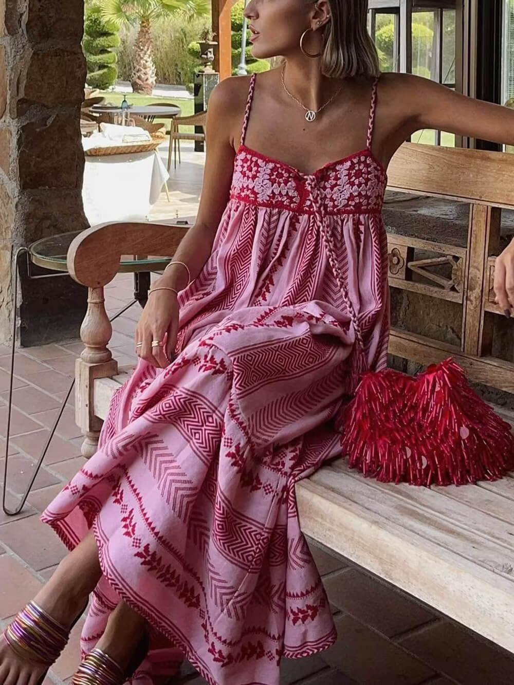 Crochet Patchwork Style Knitted Slip Maxi Dress