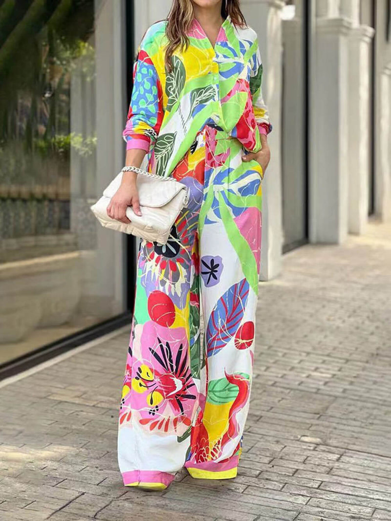 Loose Printed Shirt High Waist Wide Leg Pants Suit
