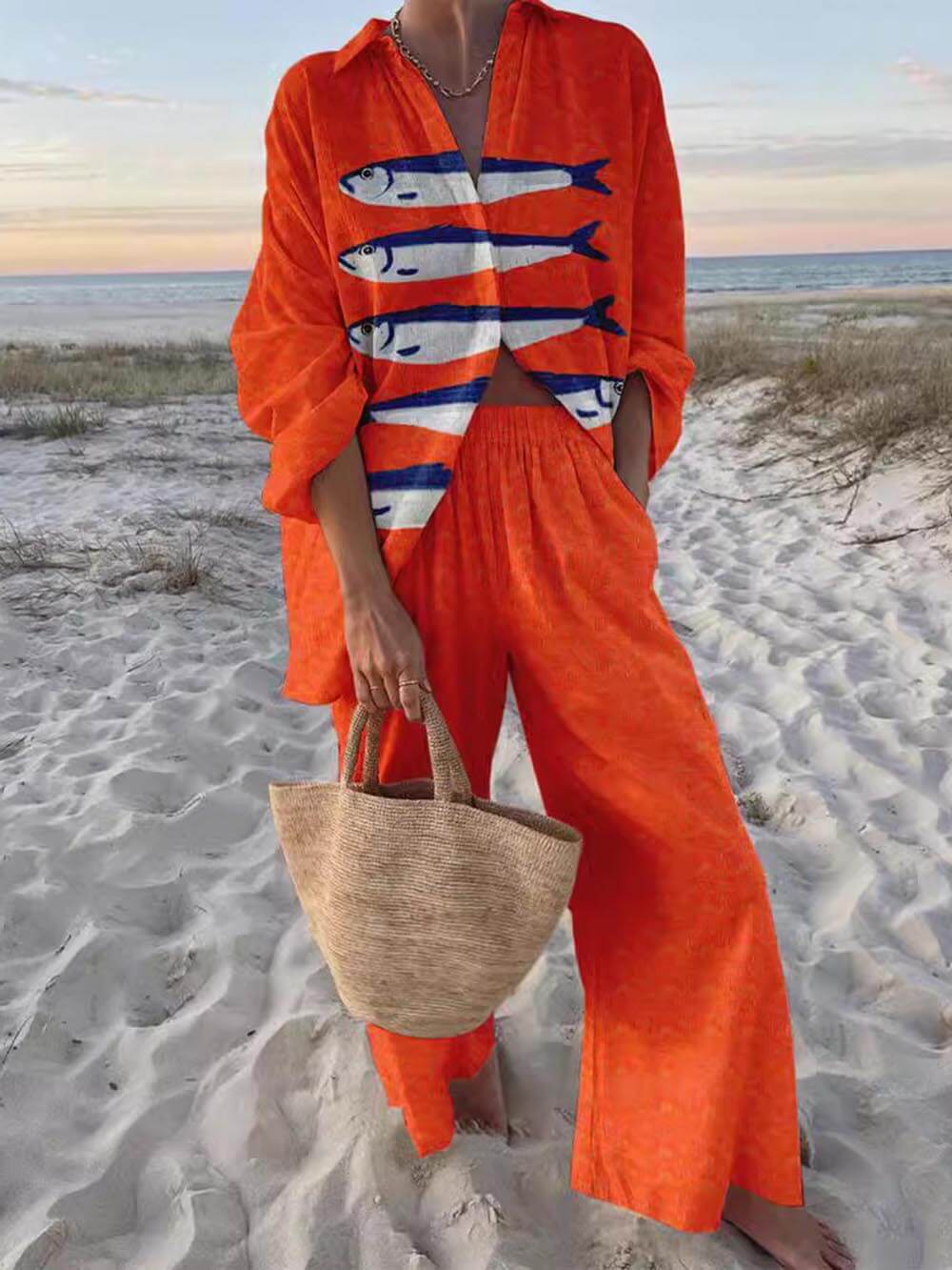 Unique Print Loose Oversized Shirt Wide-leg Pants Set