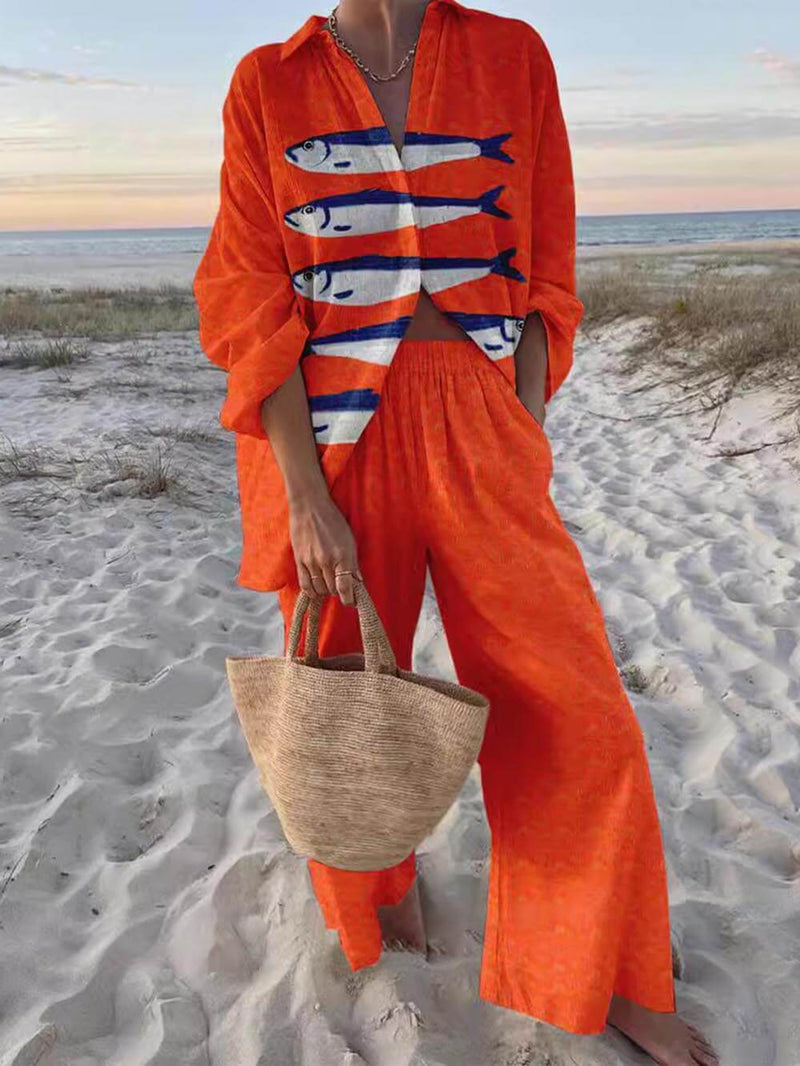 Unique Print Loose Oversized Shirt Wide-leg Pants Set