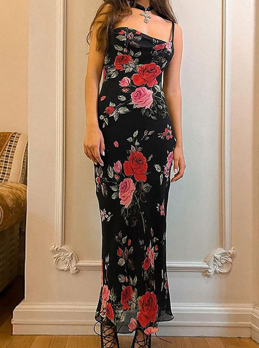Print Mesh Spaghetti Strap Maxi Dress