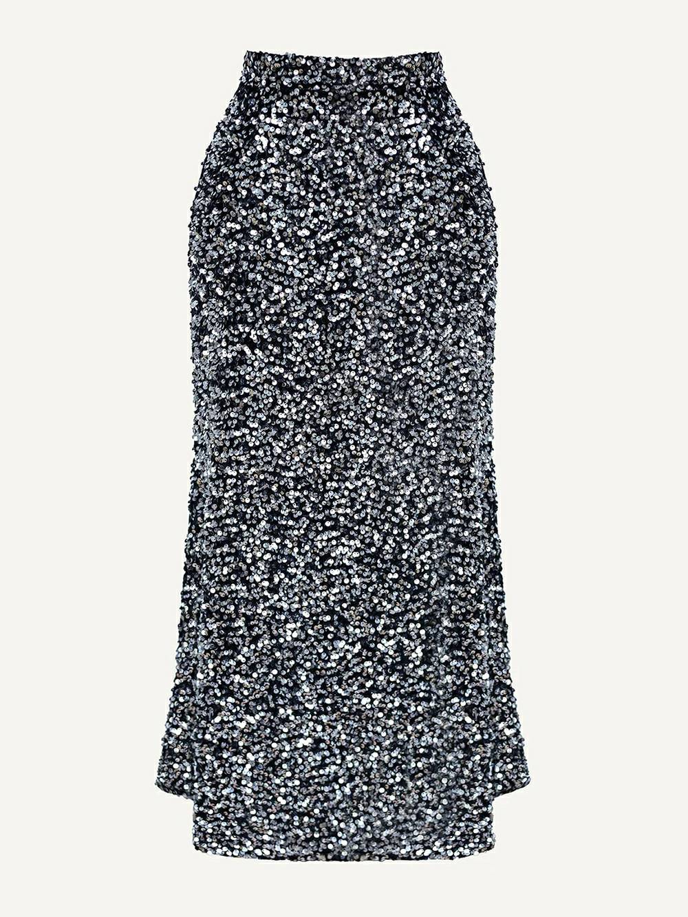 Sequin Decorated Velvet Skirt in Silver