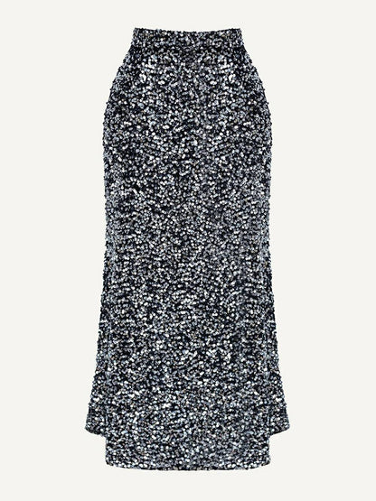 Sequin Decorated Velvet Skirt in Silver
