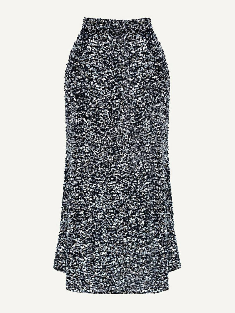 Sequin Decorated Velvet Skirt in Silver