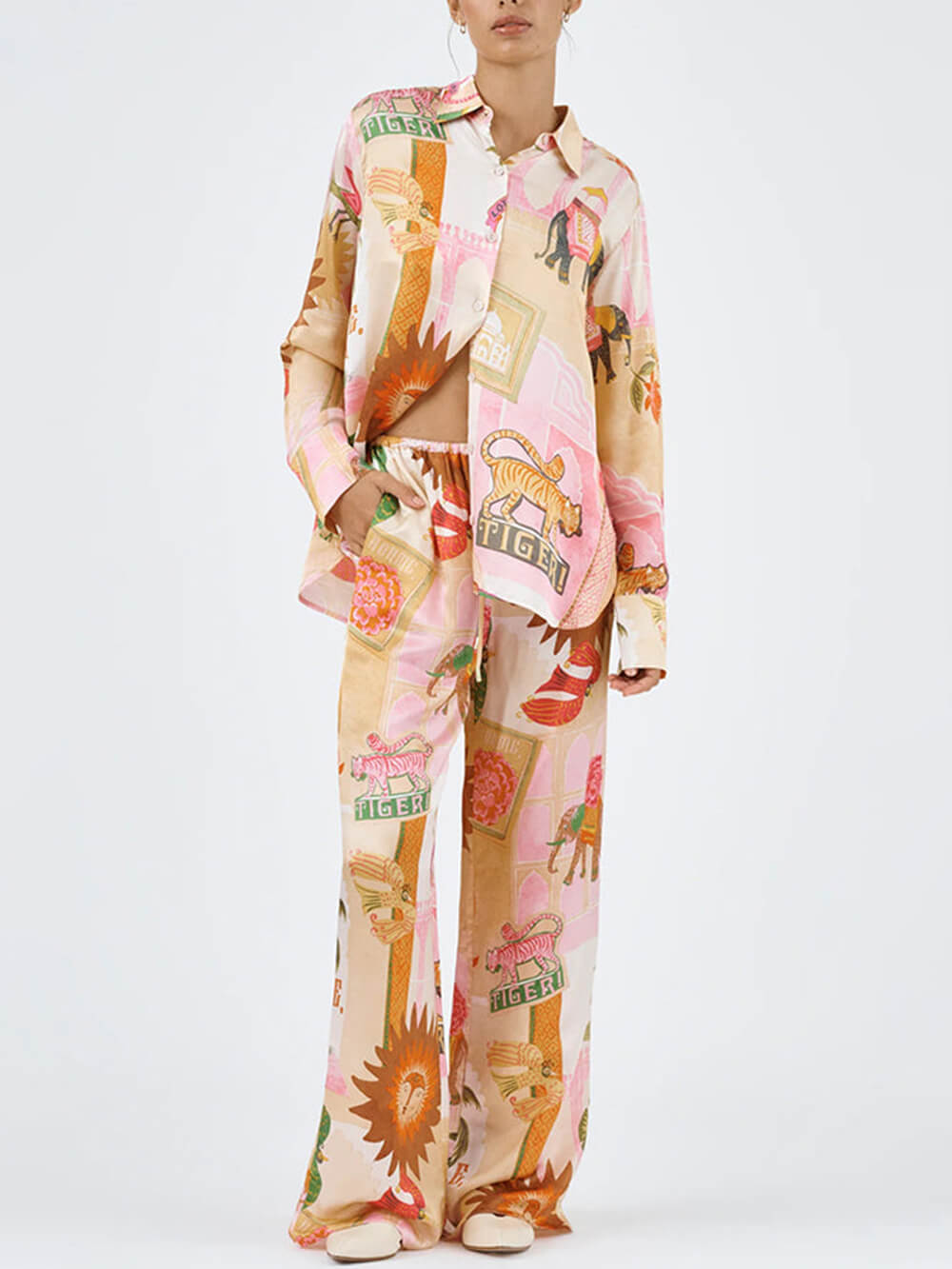 Unique Printed Shirt Top and Elastic Waist Loose Pants Sets
