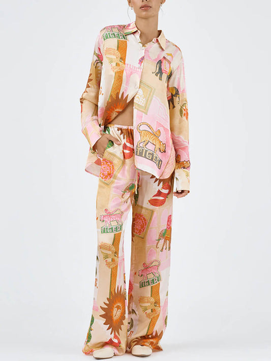 Unique Printed Shirt Top and Elastic Waist Loose Pants Sets
