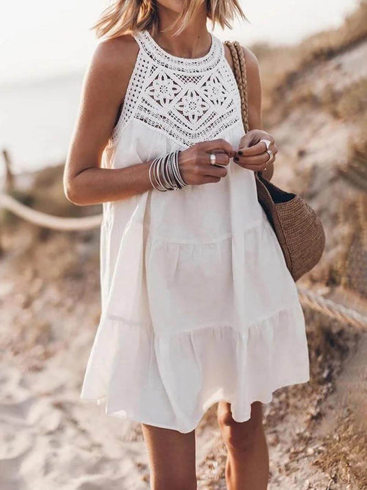 Hollow Lace Patchwork Halterneck A-line Mini Dress
