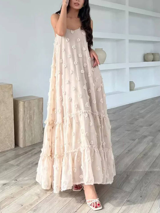 Flower Decor A-line Layered Loose Maxi Dress