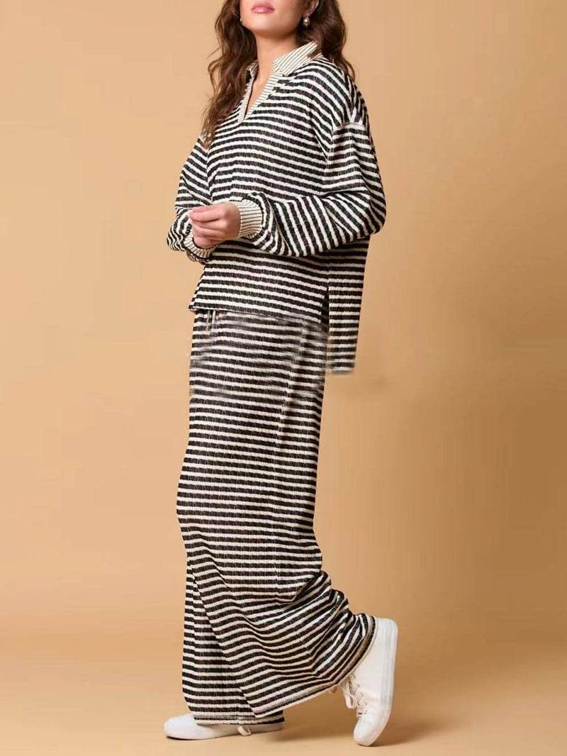 Two-color Striped Long-sleeved Trousers Two-piece Set