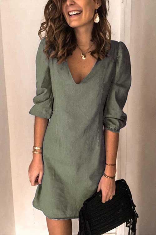 V Neck Elastic Cuff Sleeve Mini Dress(4 Colors)