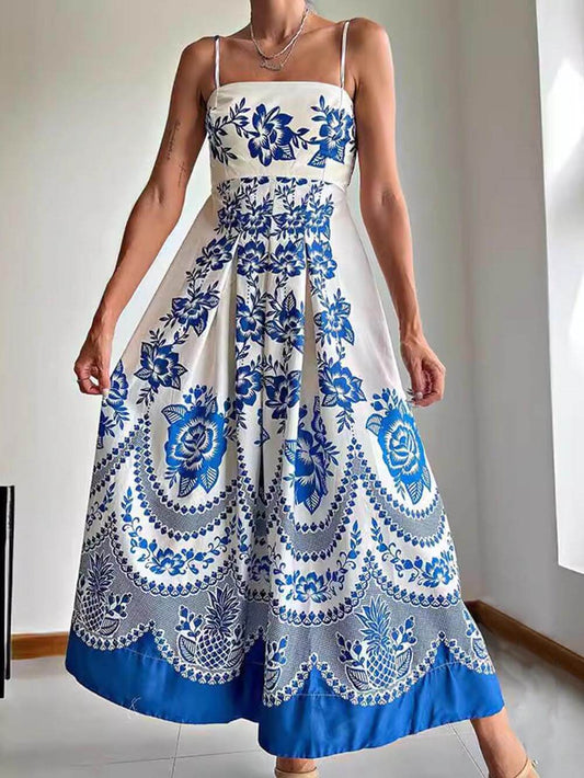 Print Back Smocked Loose Midi Dress