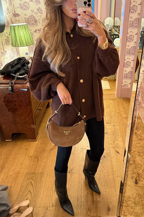 Button Up Balloon Sleeves Sweater Cardigan