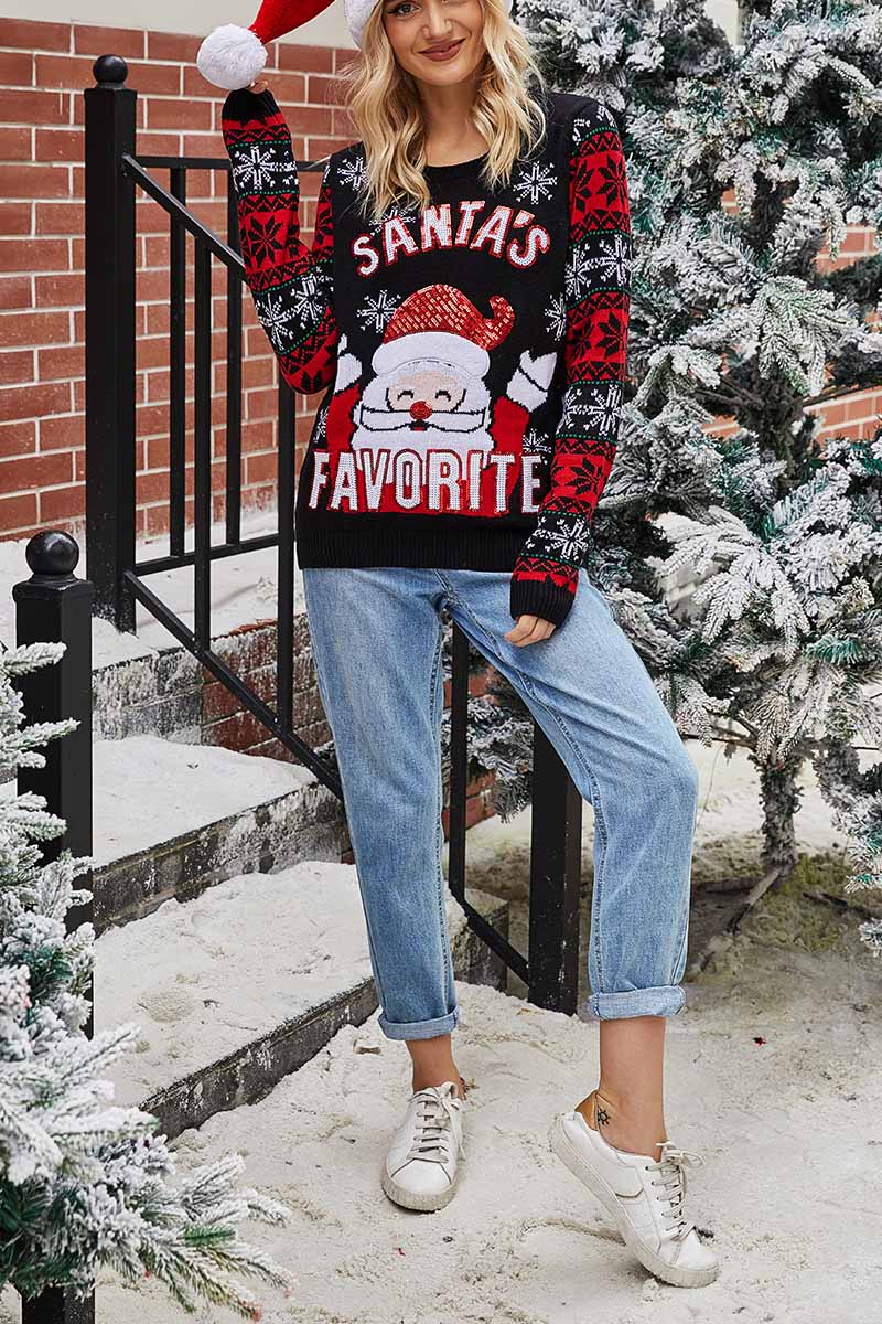 Santa Embroidered Round Neck Knitted Sweater