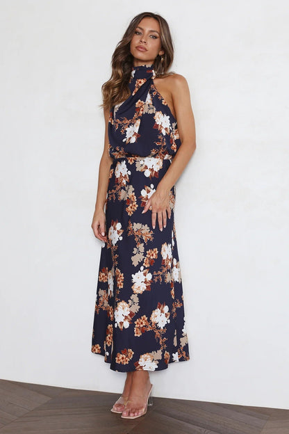 Wine Country Dates Halter Neck Elastic Waist Maxi Dress