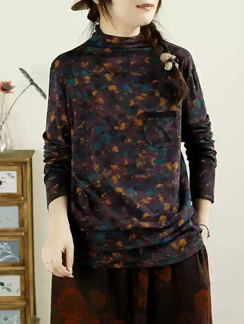 Autumn Artsy Turtleneck Pocket Cotton Blouse Ax1043
