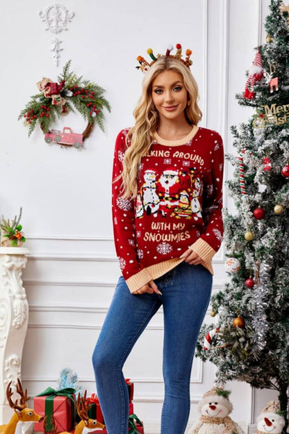 Crewneck Embroidered Sweater – Santa Claus & Penguin