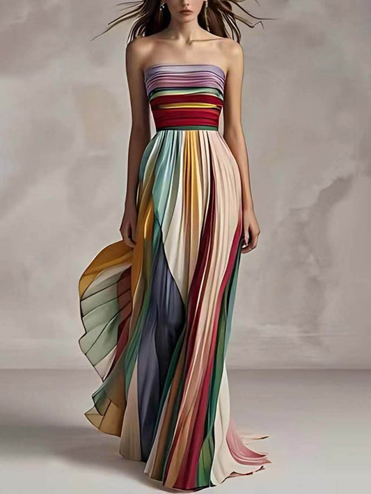 Striped Printed Off-shoulder Pleated Bandeau Maxi Dress