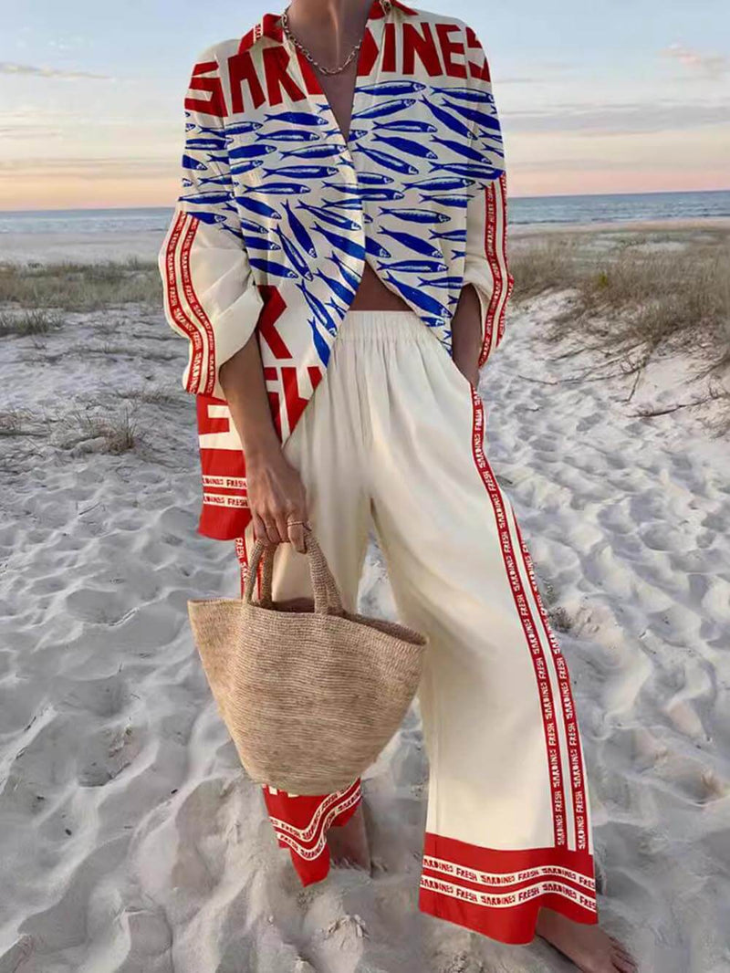 Unique Print Loose Oversized Shirt Wide-leg Pants Set