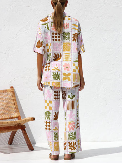 Multicolor Printed Holiday Style Top Wide Leg Pants Suit