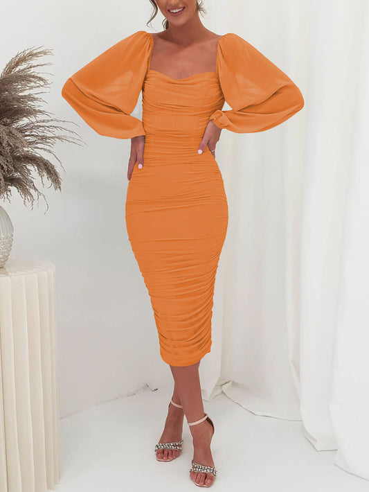 Mesh Pleated Long-sleeve Midi Dress
