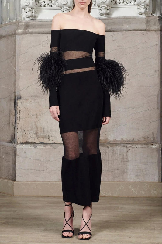 Long Sleeve Off-shoulder Feather Midi Dress