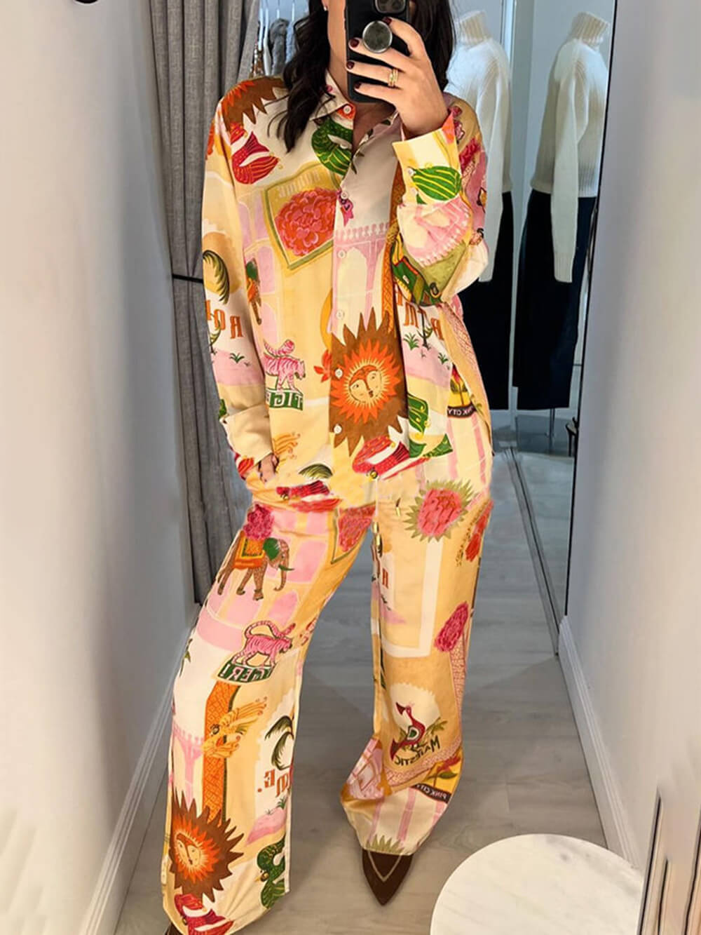 Unique Printed Shirt Top and Elastic Waist Loose Pants Sets