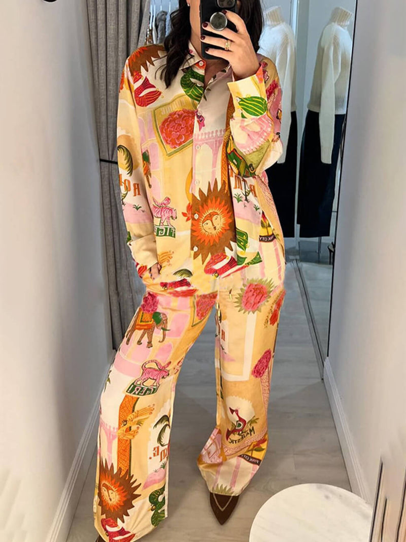 Unique Printed Shirt Top and Elastic Waist Loose Pants Set