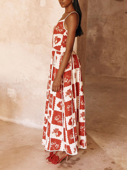 Unique Printed Trim One Shoulder Flared Maxi Dress