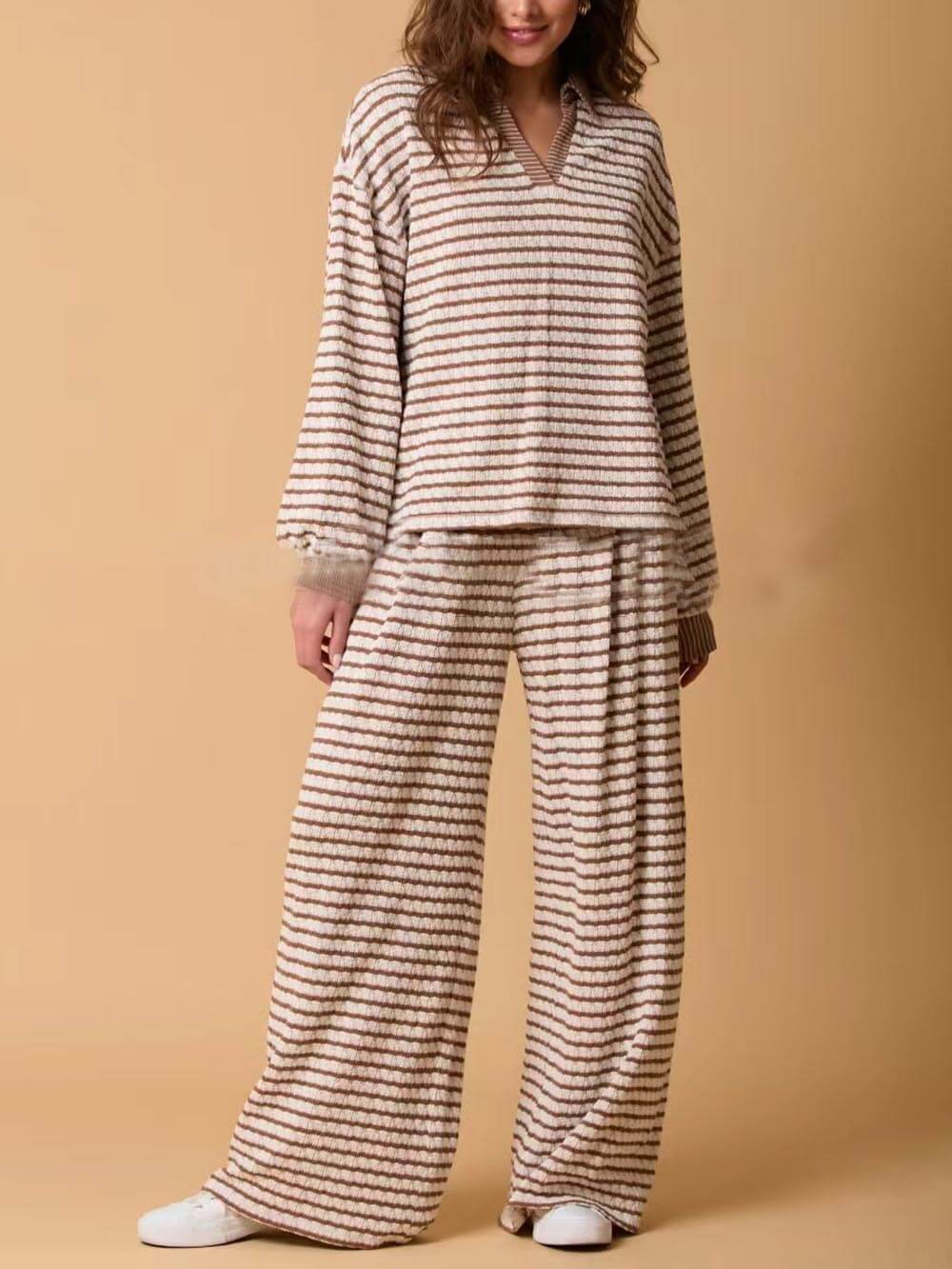 Two-color Striped Long-sleeved Trousers Two-piece Set