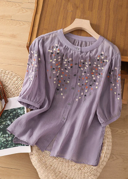 Grace Purple O Neck Embroideried Side Open Linen Blouse Spring Qb032