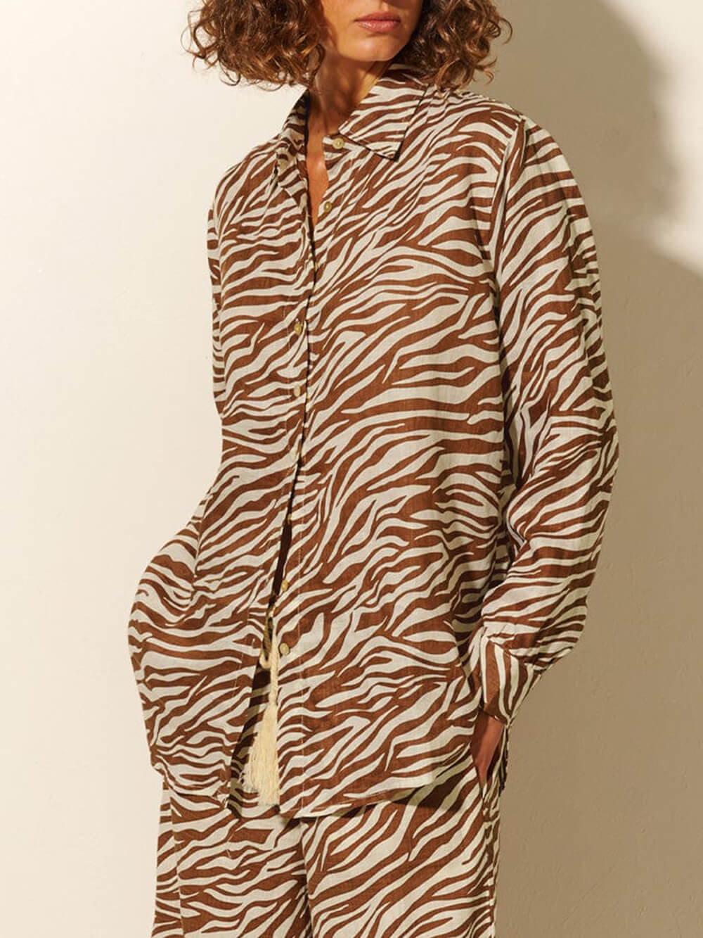 Button Open Collar Loose Zebra Print Shirt Pants Set