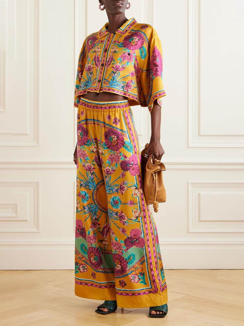 Sunset Cropped Unique Printed Loose Wide-leg Pants