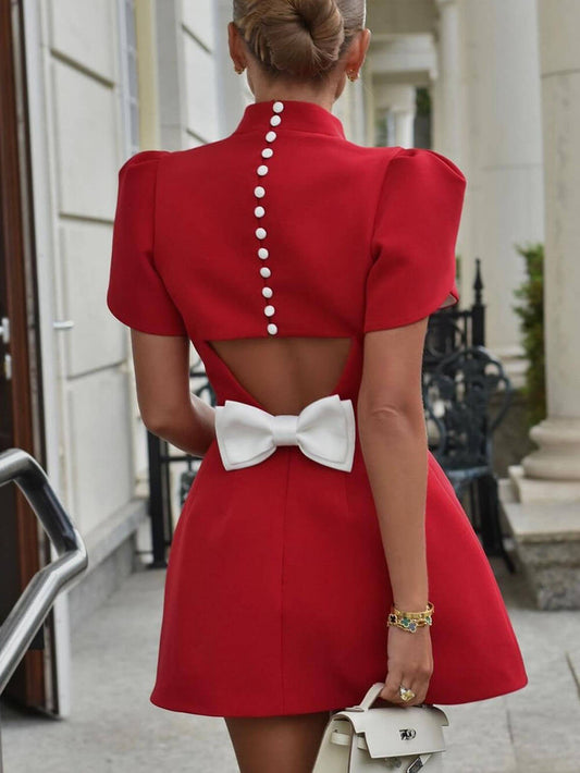 Sweet Moment Slit Short Sleeve Backless Bow Mini Dress