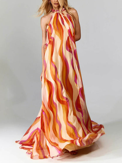 Braided Halterneck Wave Print Maxi Dress