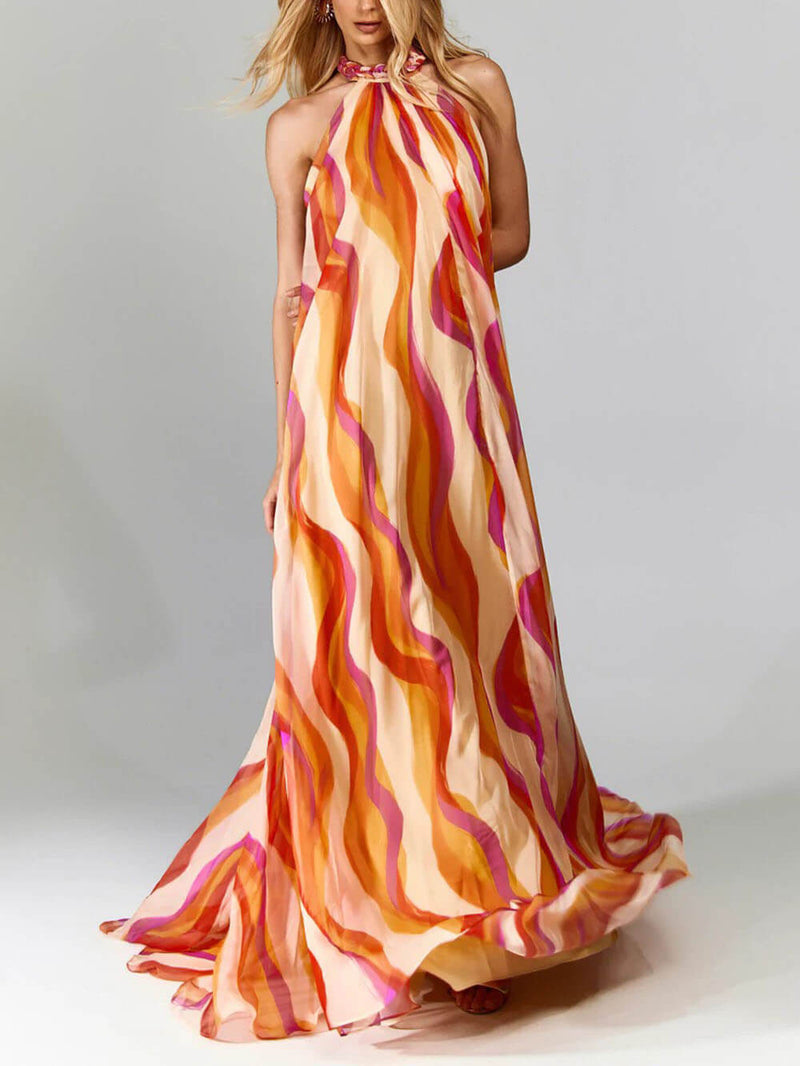 Braided Halterneck Wave Print Maxi Dress