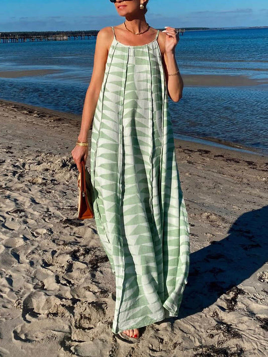 Style Unique Ruffle Triangle Print Suspender Maxi Dress
