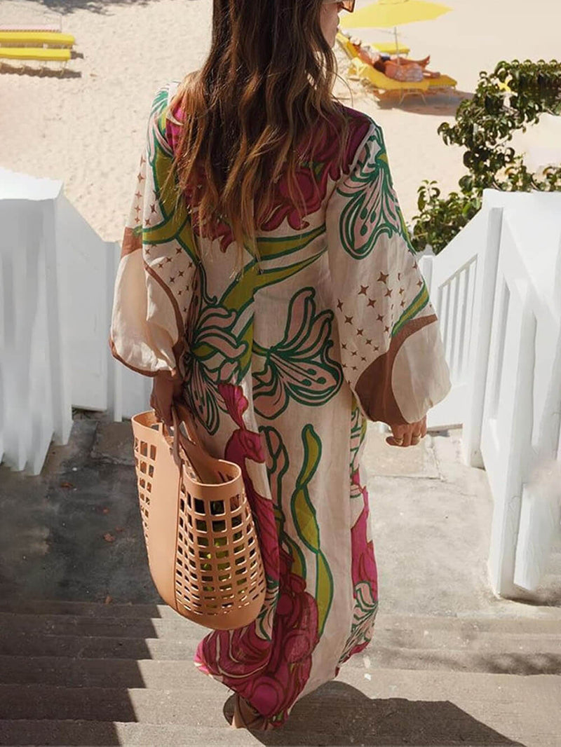 Linen Blend Unique Print Balloon Sleeve Tie-up Tunic Maxi Dress