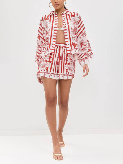 Unique Print Wide Sleeve Shirt and Elastic Waist Pocketed Shorts Set