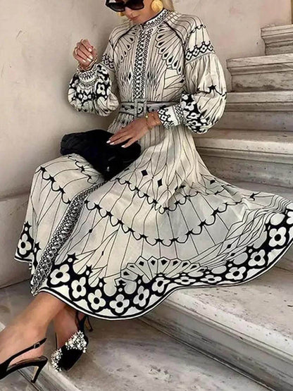 Lantern Sleeve Print Midi Dress