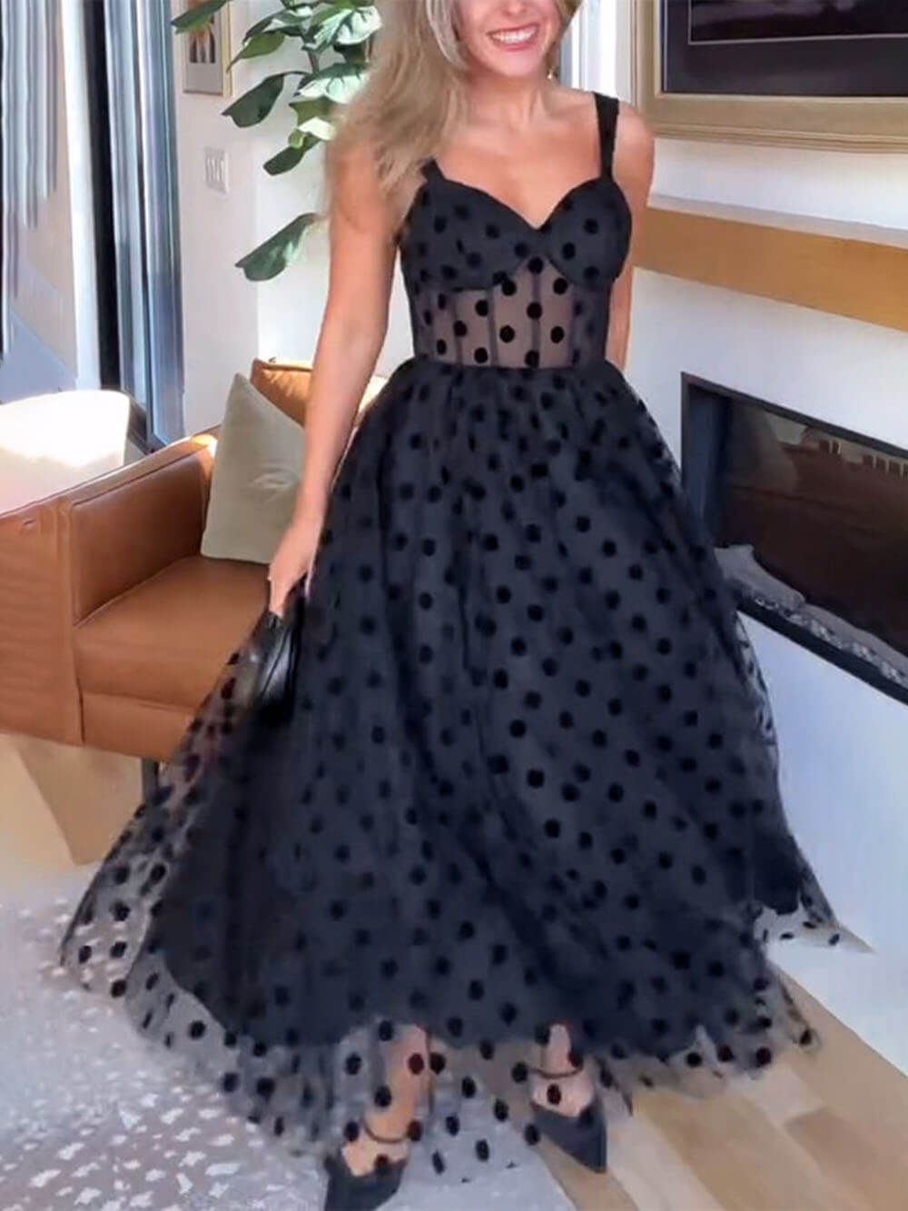 Exquisite Perfect Tulle Polka Dot Sweetheart Bustier A-line Midi Dress