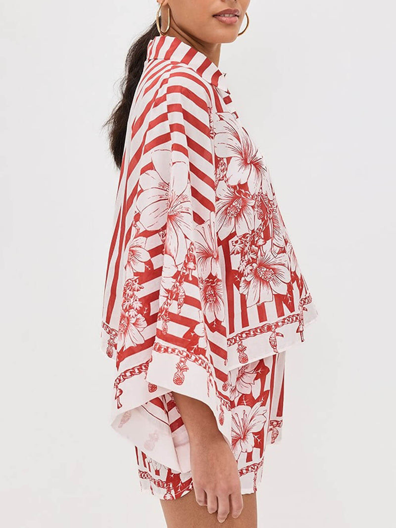 Unique Print Wide Sleeve Shirt and Elastic Waist Pocketed Shorts Set
