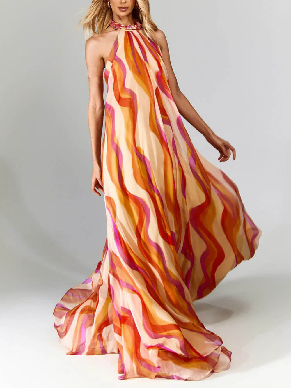 Braided Halterneck Wave Print Maxi Dress