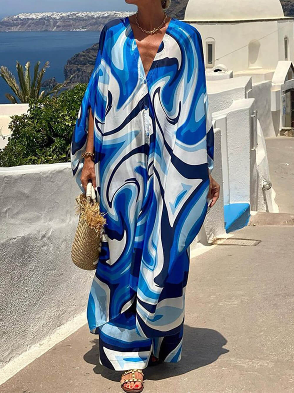 Fashionable Bat Sleeves Loose Oversized Blouse and Wide-leg Pants Set