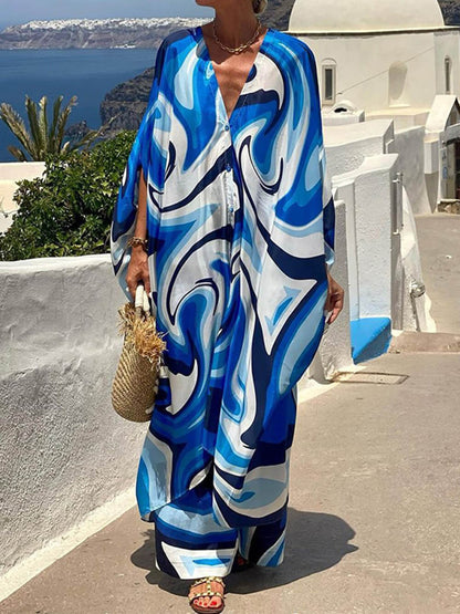 Fashionable Bat Sleeves Loose Oversized Blouse and Wide-leg Pants Set