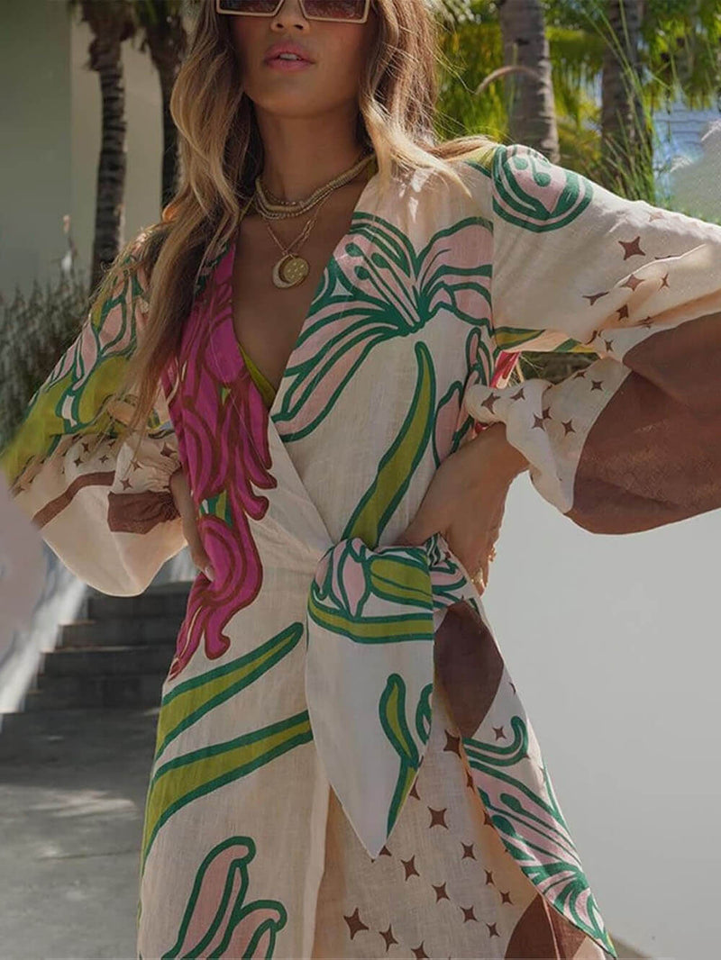 Linen Blend Unique Print Balloon Sleeve Tie-up Tunic Maxi Dress