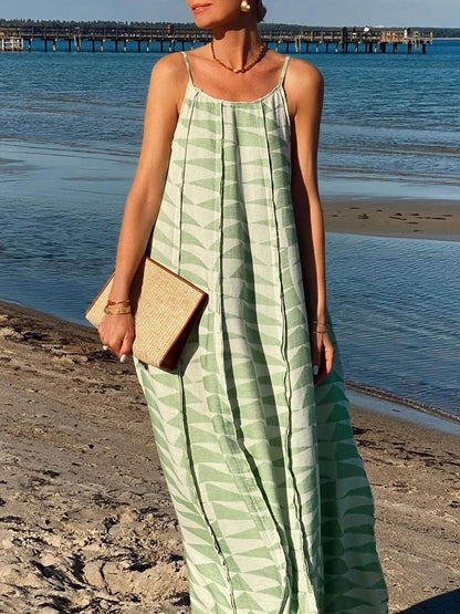 Style Unique Ruffle Triangle Print Suspender Maxi Dress