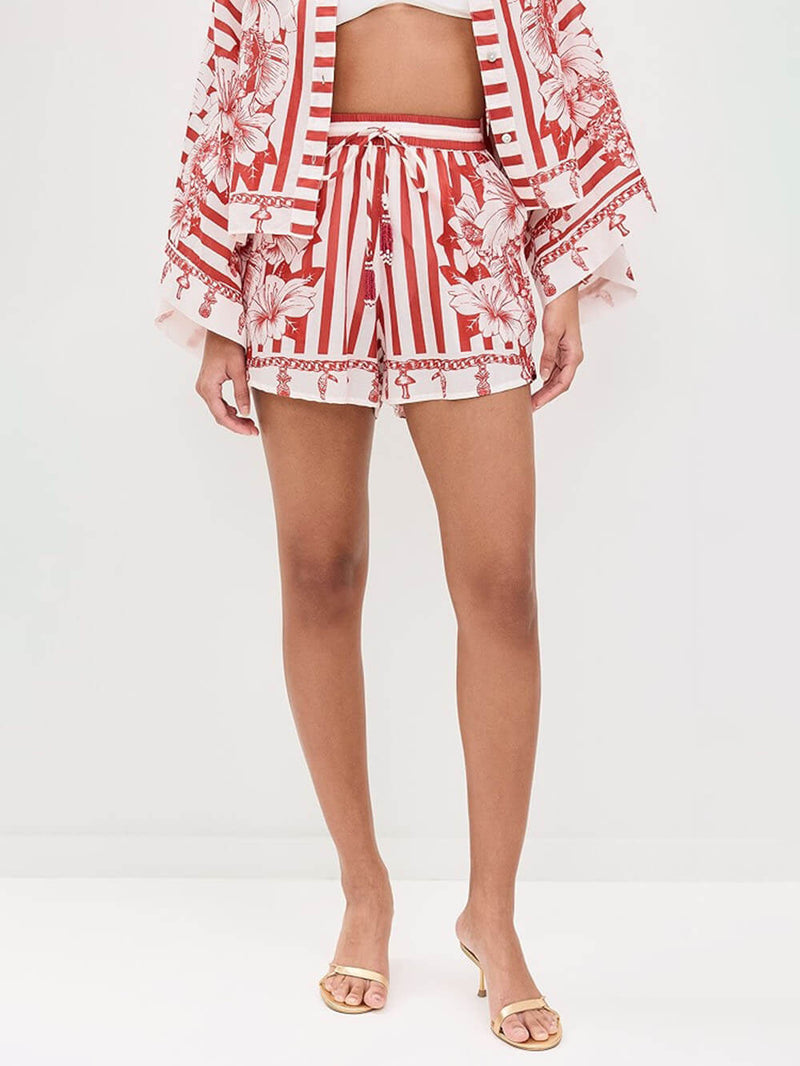 Unique Print Wide Sleeve Shirt and Elastic Waist Pocketed Shorts Set