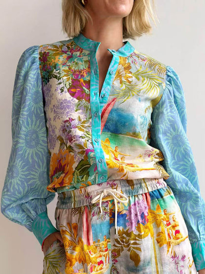 Classic Unique Print Linen Long-sleeved Shirt and Shorts Set